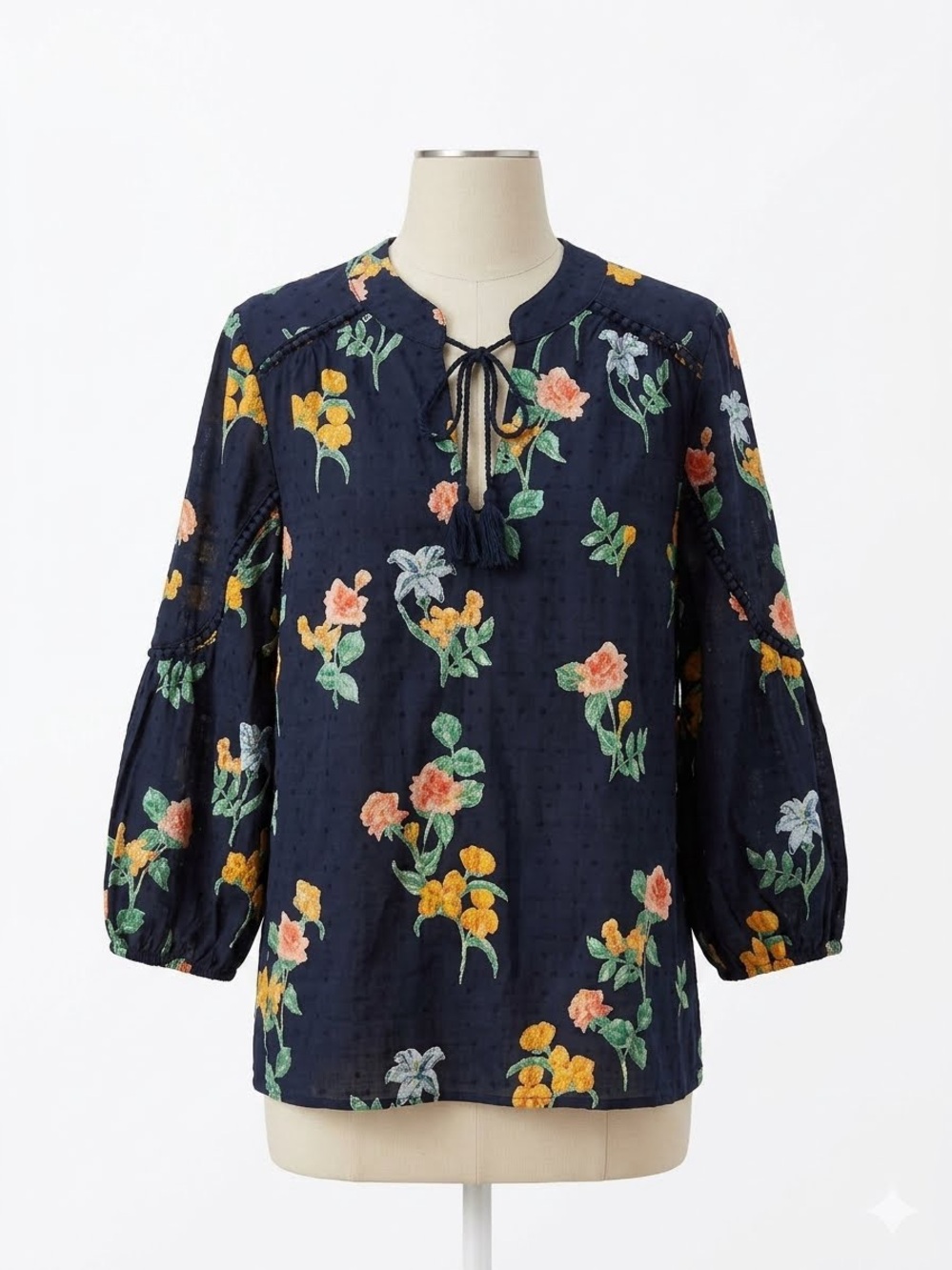 crown & ivy Navy Floral Tassel Tie-Neck Blouse, Size XL